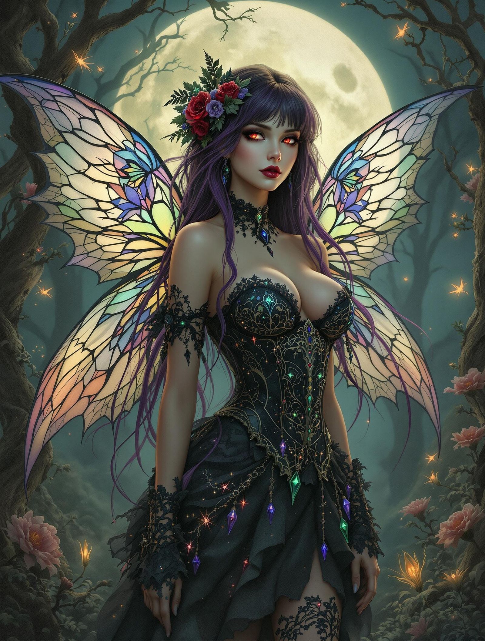 Gothic Fairy in Whimsical Moonlit Forest