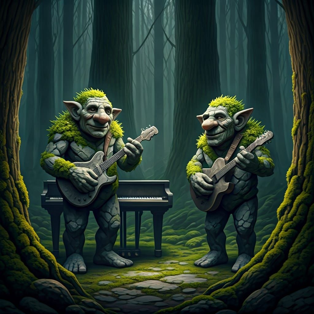 Moss Trolls Play Stone Instruments in Mystical Forest