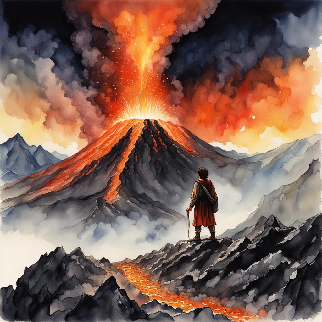 Frodo on Mount Doom: Watercolor Illustration