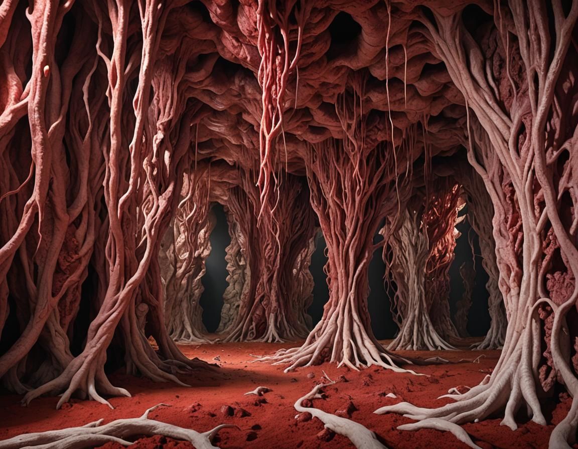 Hyperrealistic Organic Tissue Cavern with Red Tendrils