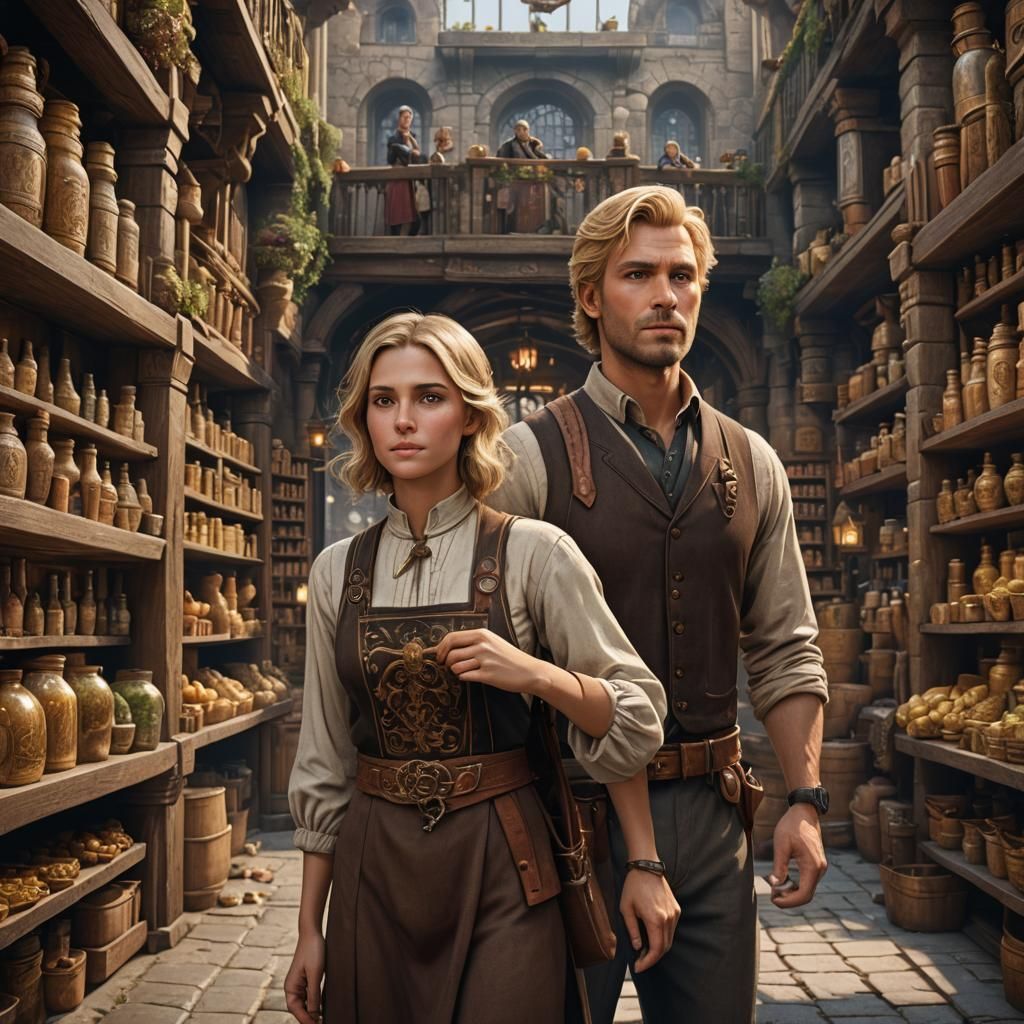 Fantasy Shopkeepers in Detailed Matte Painting Style