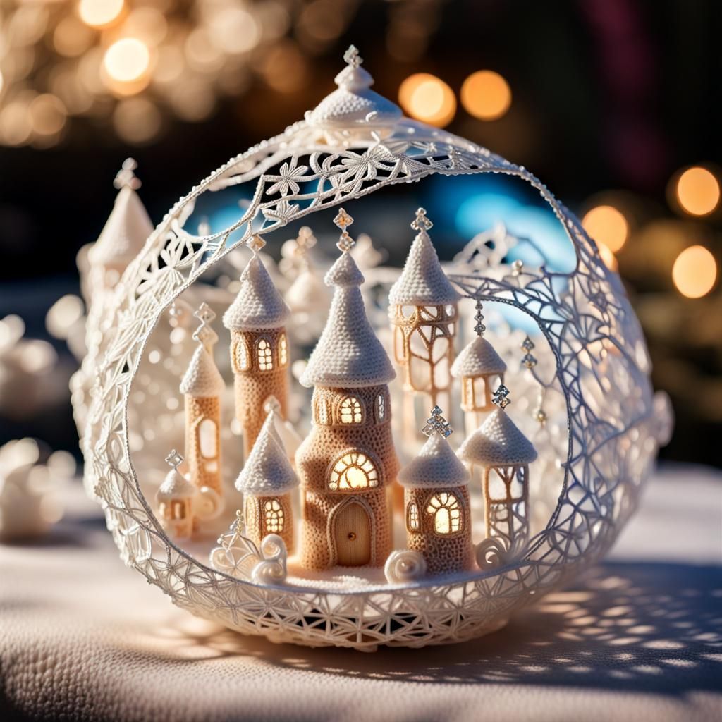 Intricate Crocheted Fairy Village in Faberge Style