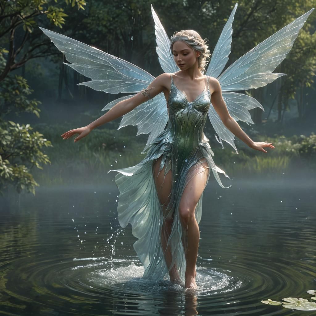 Water Fairy Dancing on Pond in Art Nouveau Style