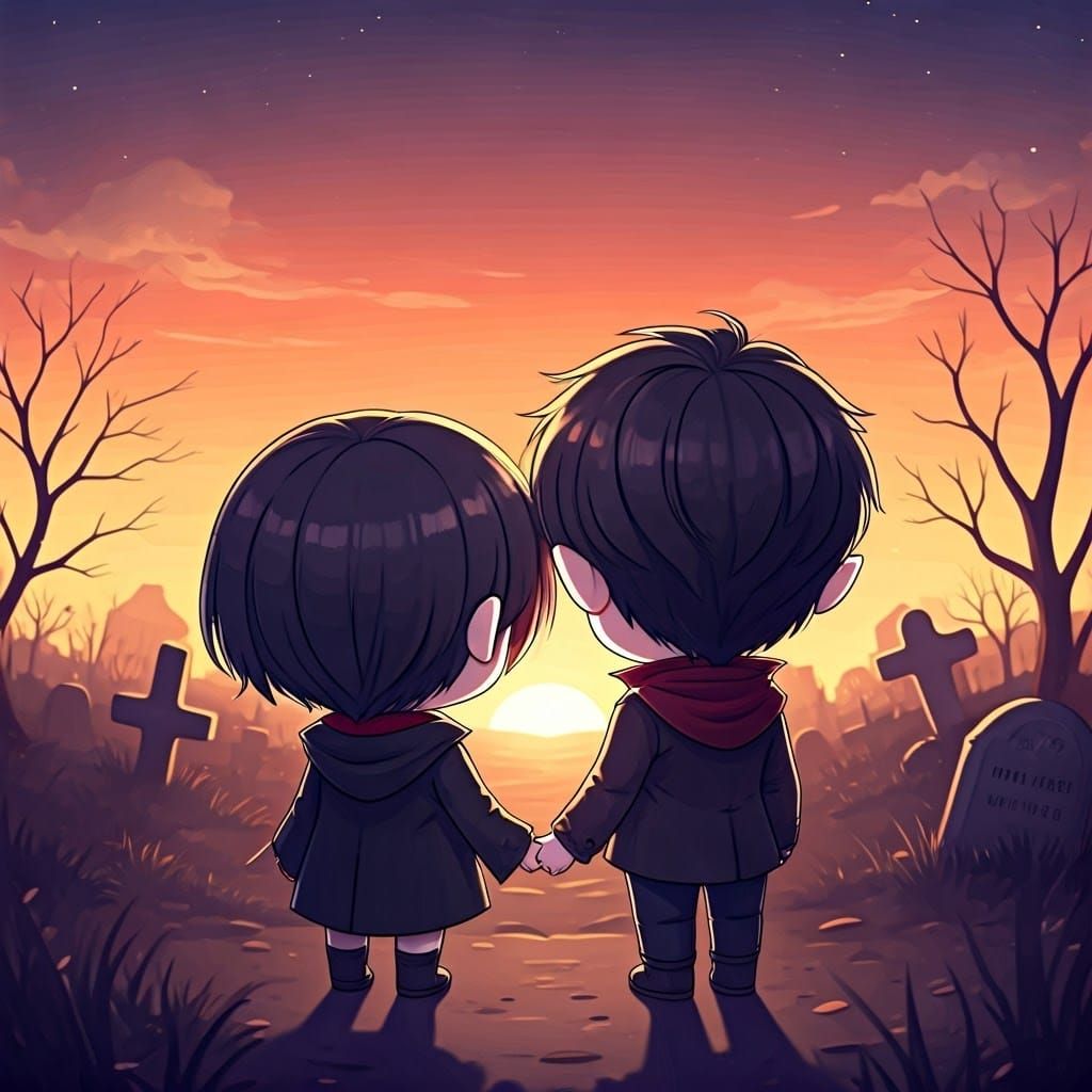 Chibi Vampire Couple Watch Sunset Together