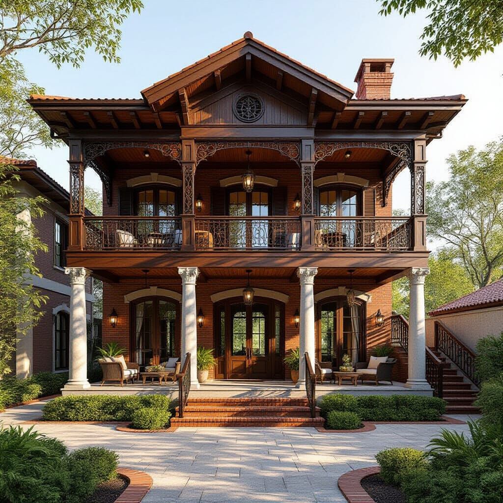 Two-Story Wooden House with Porches and Wrought Iron Details