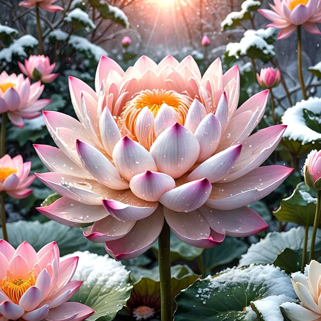 Beautiful Brahma Lotus in a Snowy Garden