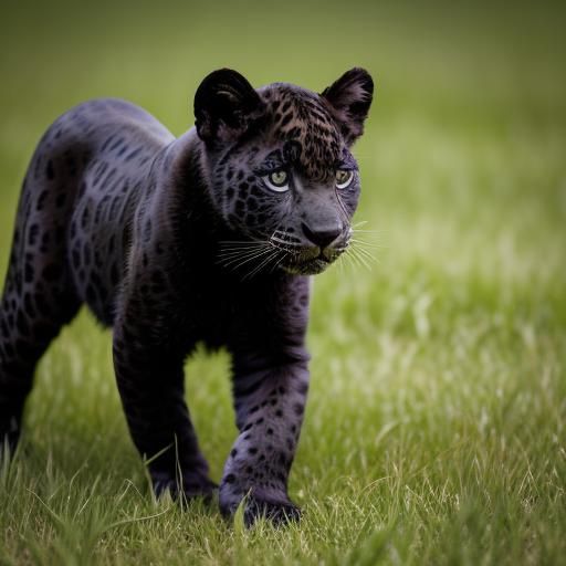 Black Jaguar Cub Explores Green Grass