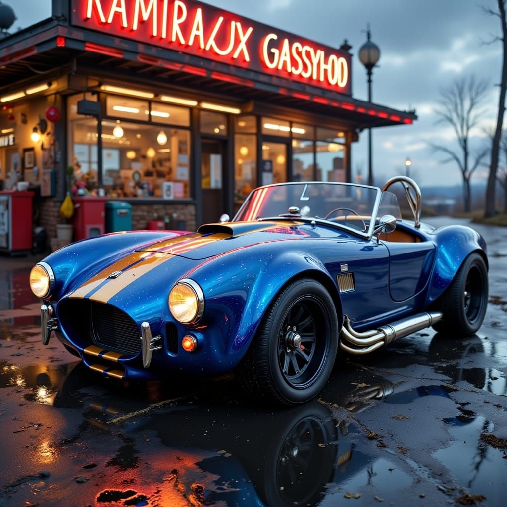 Cyberpunk Ford Cobra at Retro Gas Station with Electric Ligh...