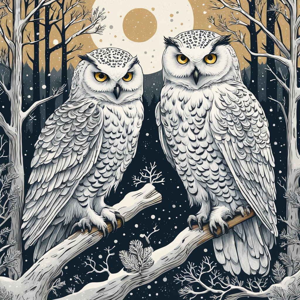 Whimsical Woodcut Snowy Owl Duo in Soft Focus
