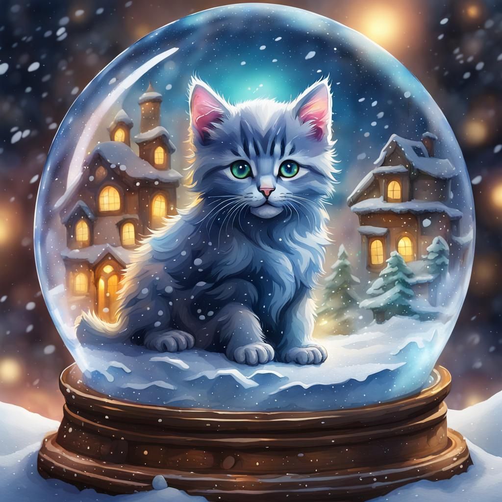 Kitten in Snow Globe Watercolor Painting
