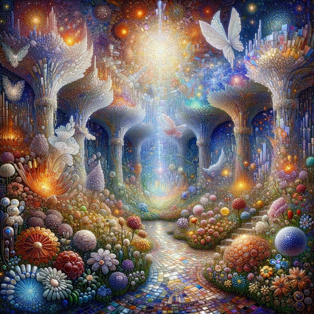 Enchanting Mosaic Garden Under Opalescent Sky