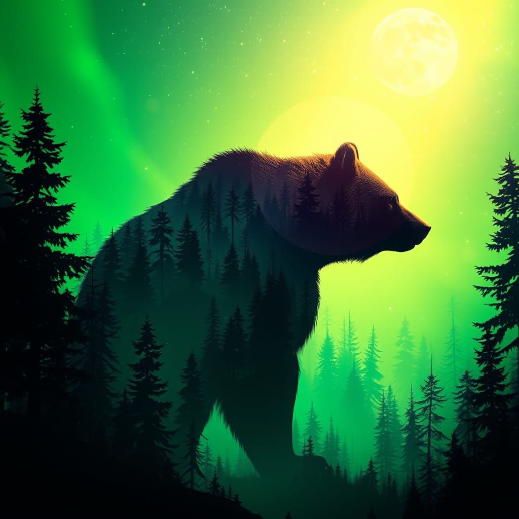 Grizzly Bear Silhouette with Forest Double Exposure