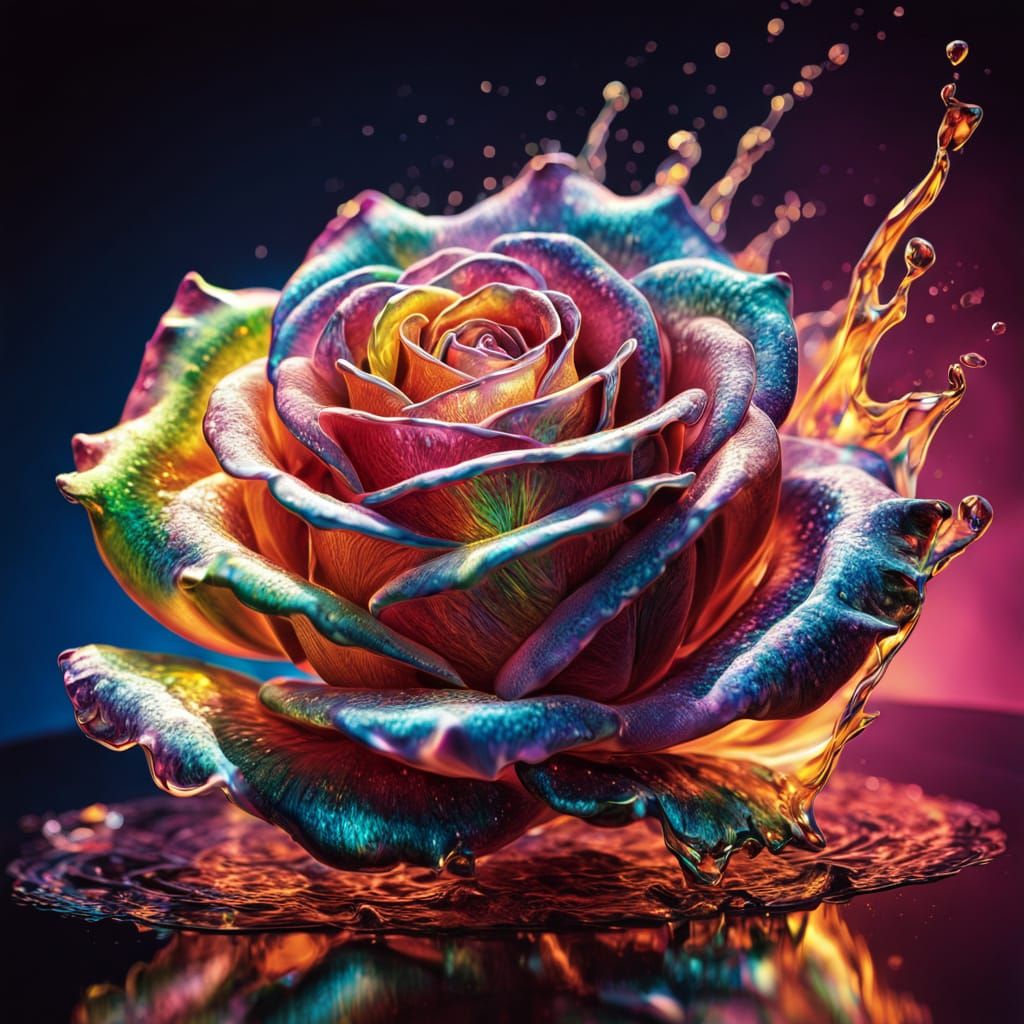 Iridescent Glass Rose of Liquid Fire in Hyperrealistic Style