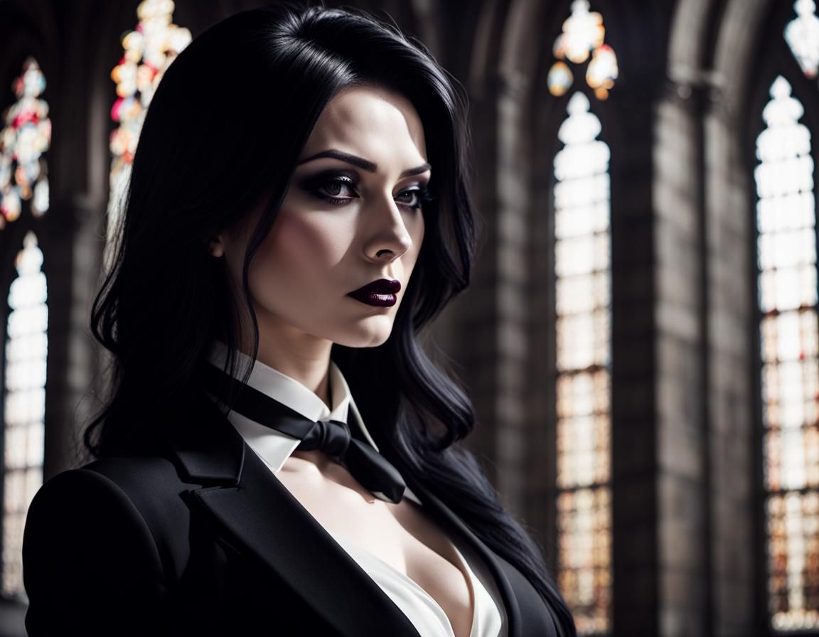 Gothic Woman in Black Suit in Cathedral Sunlight