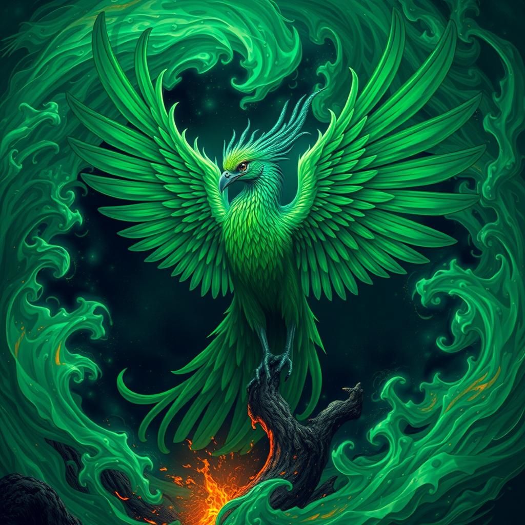 Majestic Green Phoenix Rising from Emerald Flames