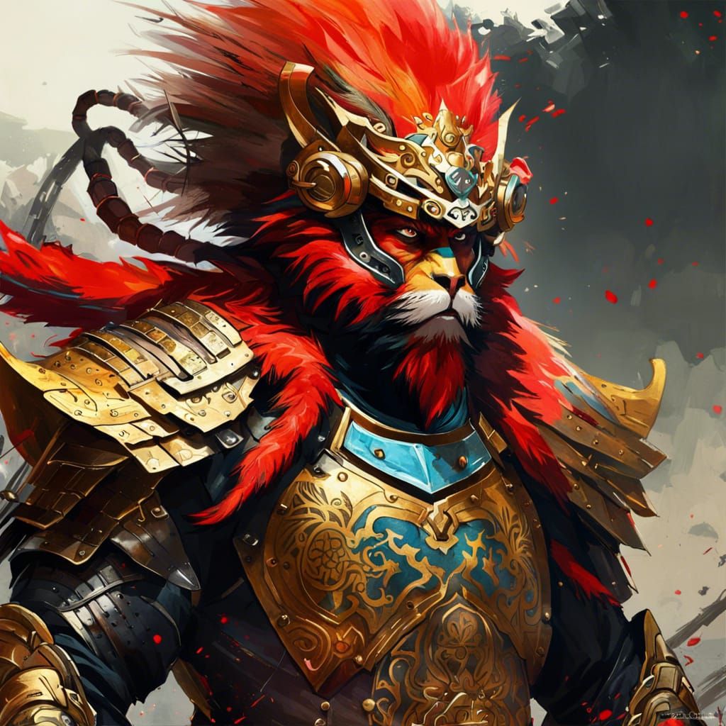Armoured Sun Wukong in Vibrant Digital Art