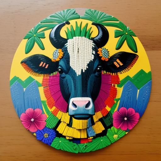 Kaleidoscopic Lego Cow: Abstract Woodcut Art
