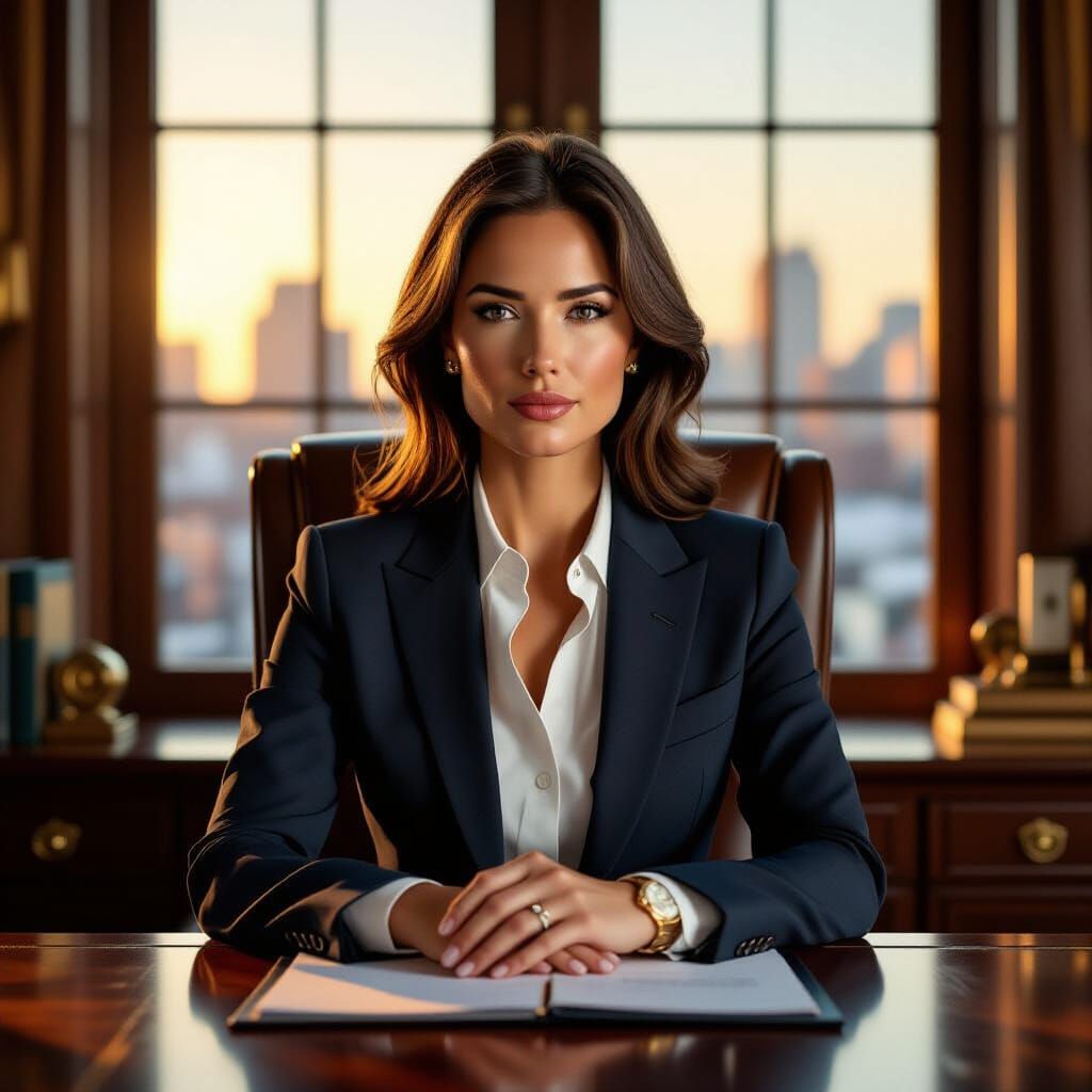 Businesswoman in Power Suit at Mahogany Desk