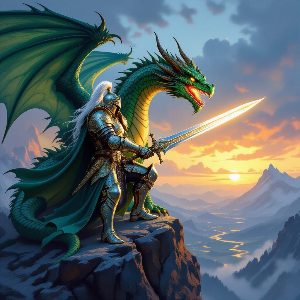Knight Commands Dragon on Mountain Peak