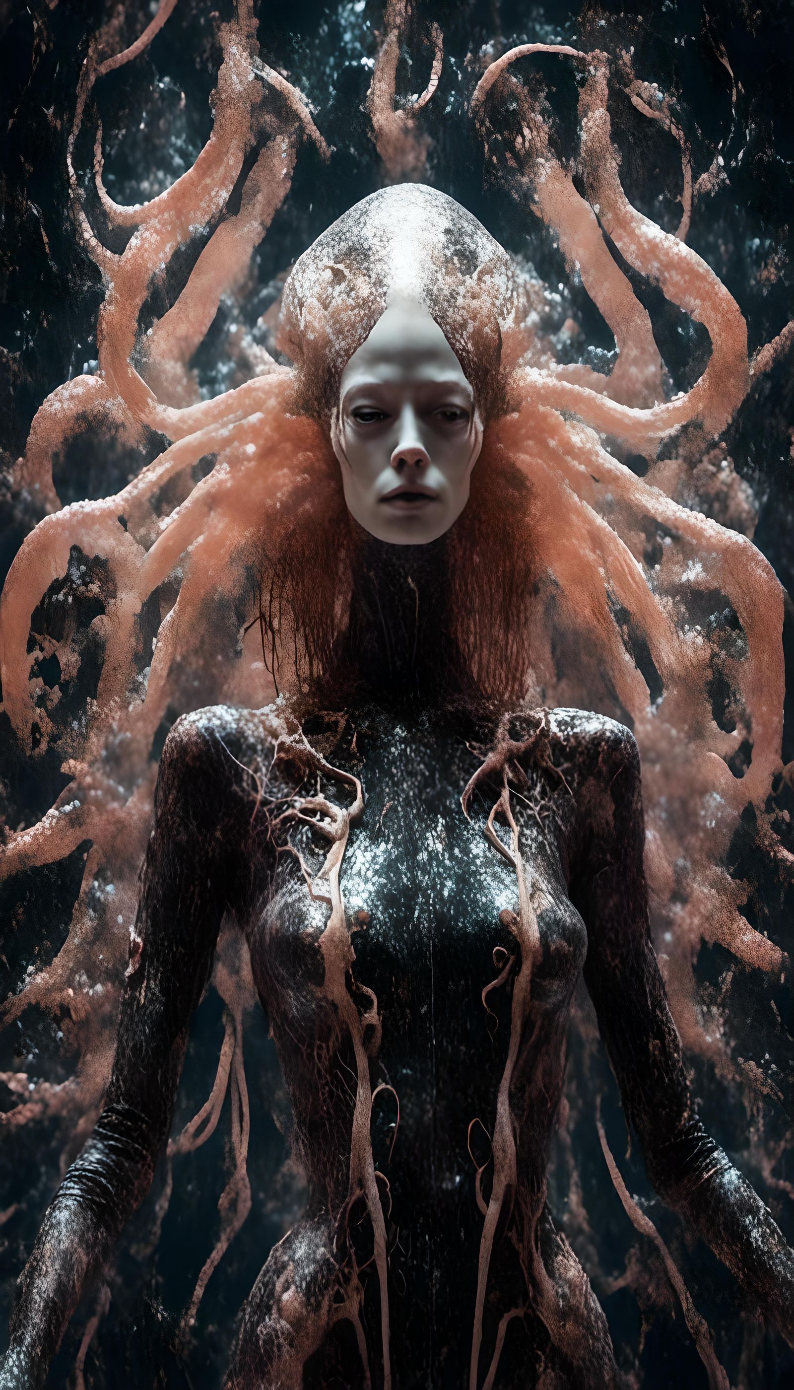 Glowing Human-Squid Hybrid in Liquid Darkness