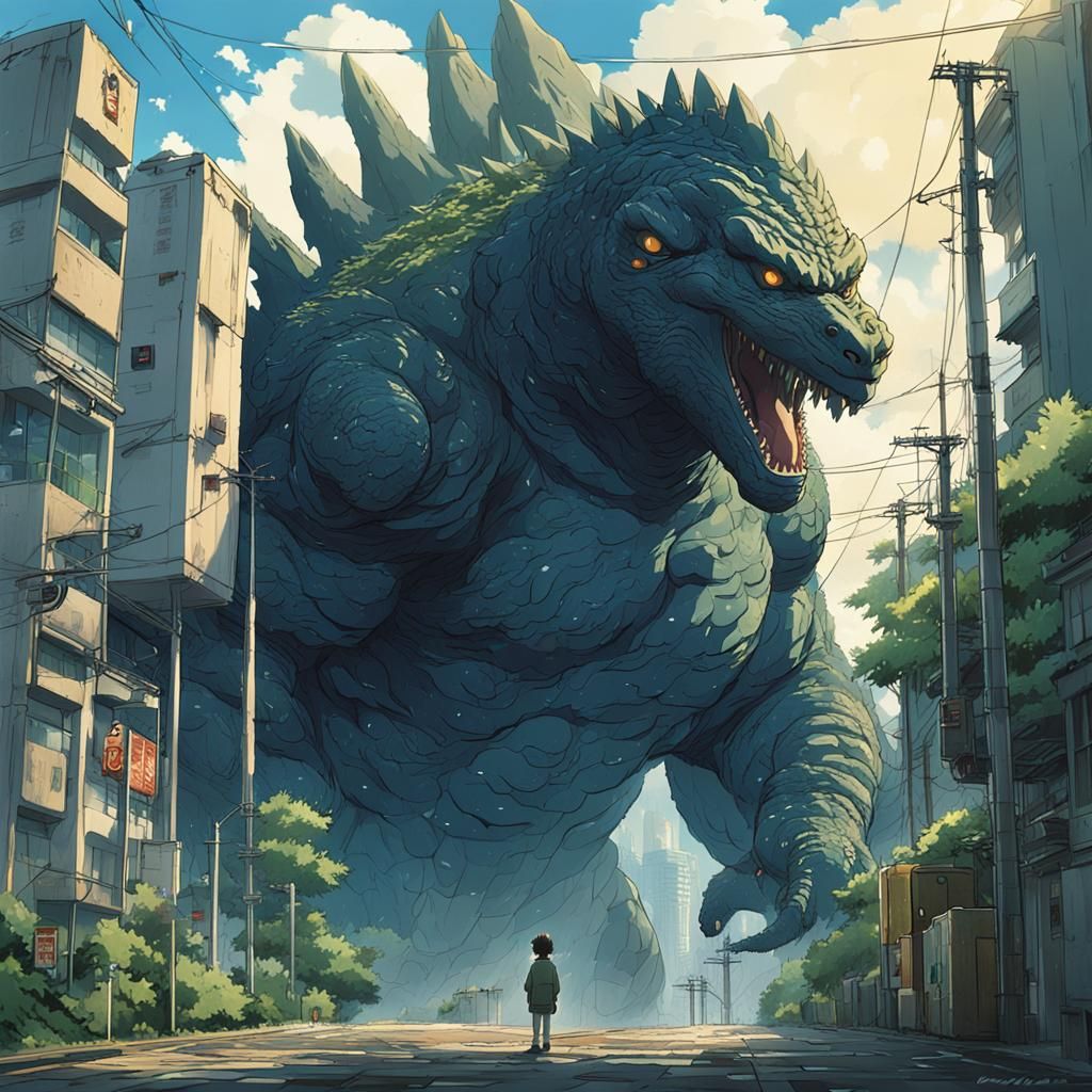 Godzilla in Studio Ghibli Anime Style