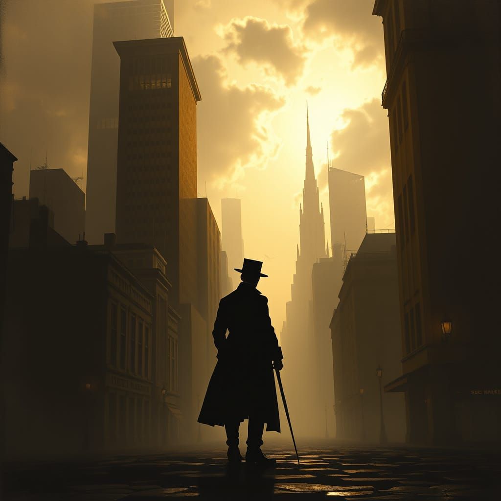 Figure in 19th Century Attire with Contrasting Cityscapes