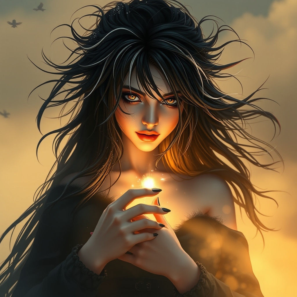 Gothic Queen in Misty Landscape with Golden Light