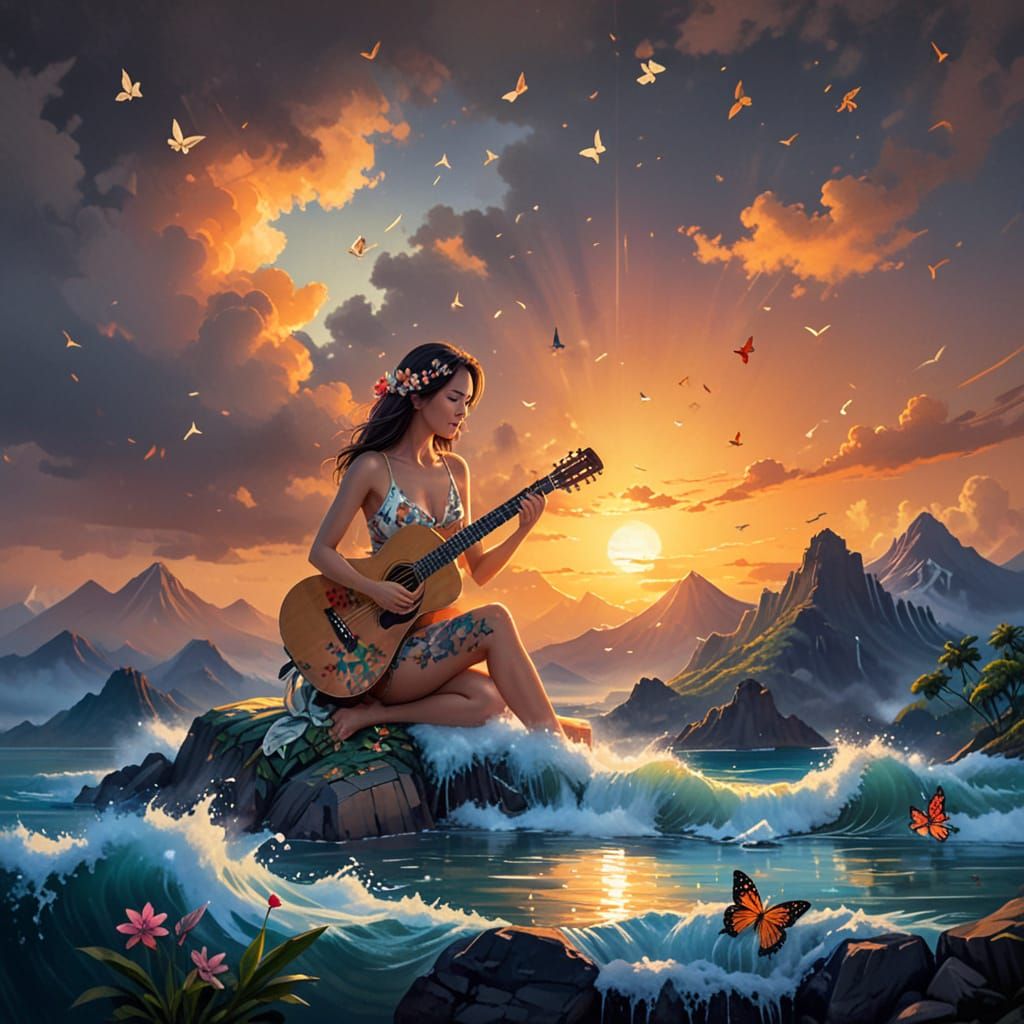 Woman Playing Guitar with Musical Butterflies