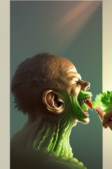 Man Bites Screaming Lettuce in Art Nouveau Style