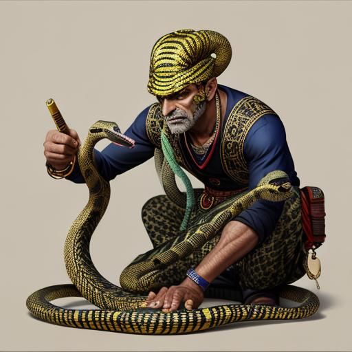 Colorful Cobra and Snake Charmer in Hyperreal Detail