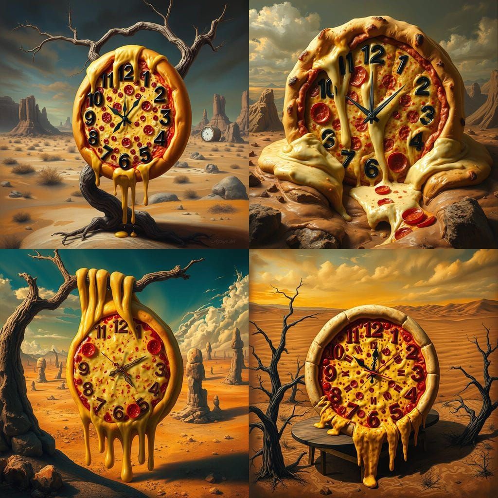 Melting Pizza Clock in Surreal Landscape, Dalí Style