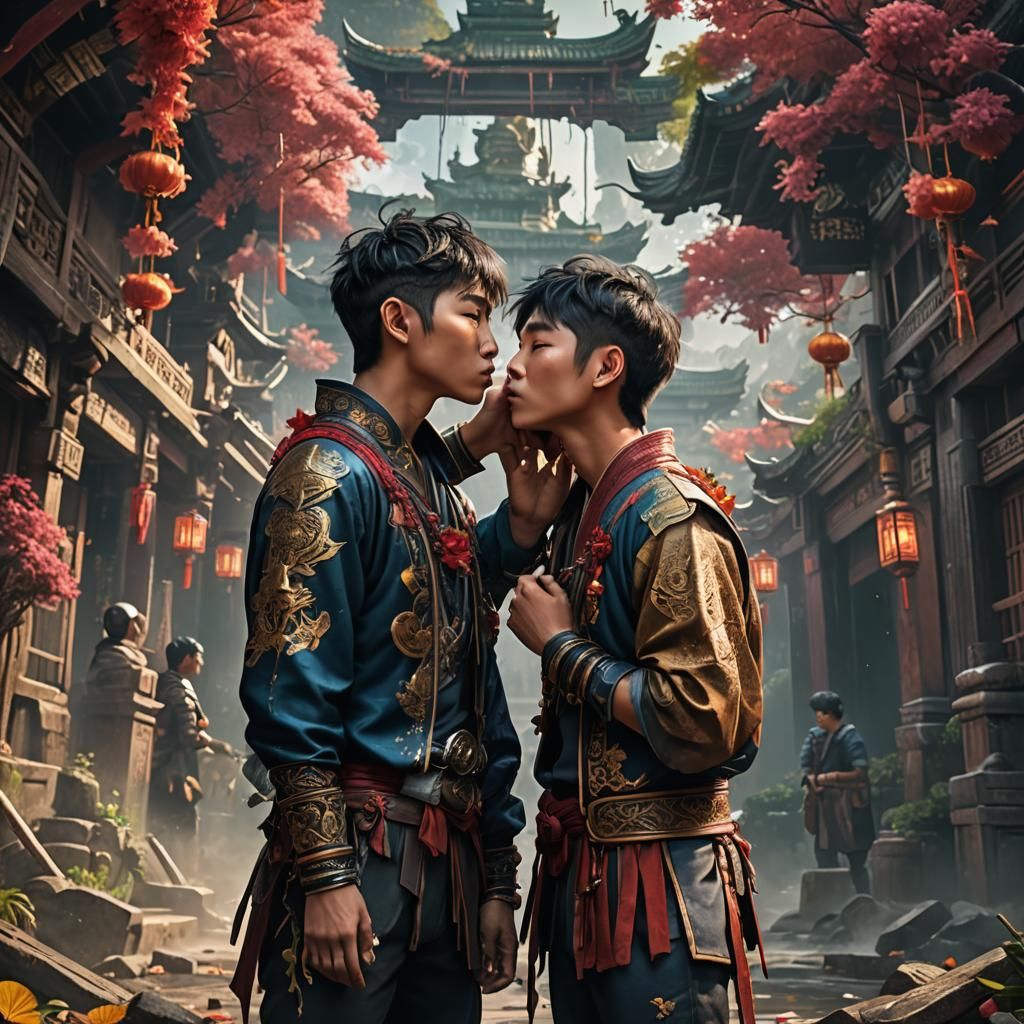 Two Asian boys kissing