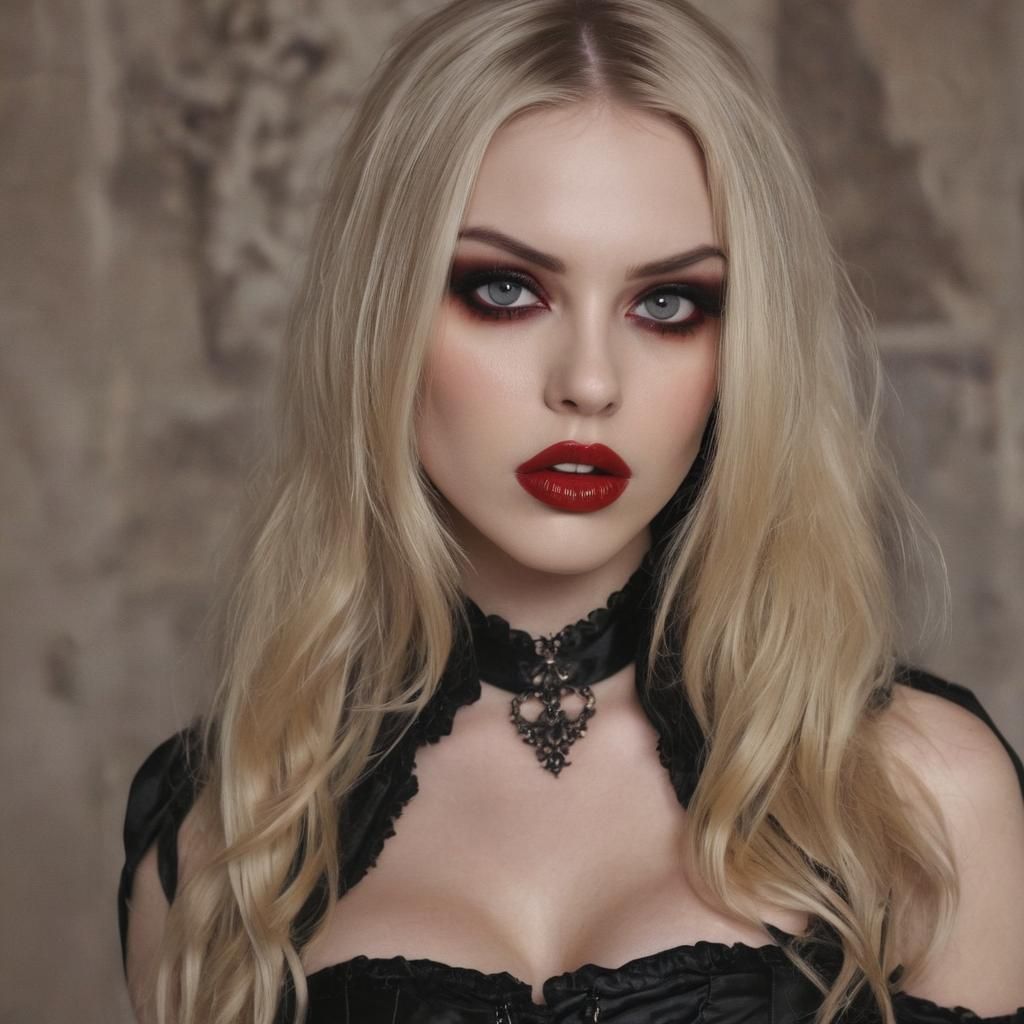 Beautiful Blonde Vampiress in Dark Castle, Photorealistic