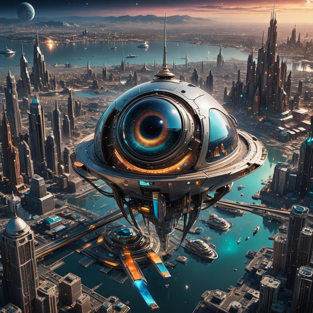 Futuristic Spaceship Eye Over Cosmic Cityscape