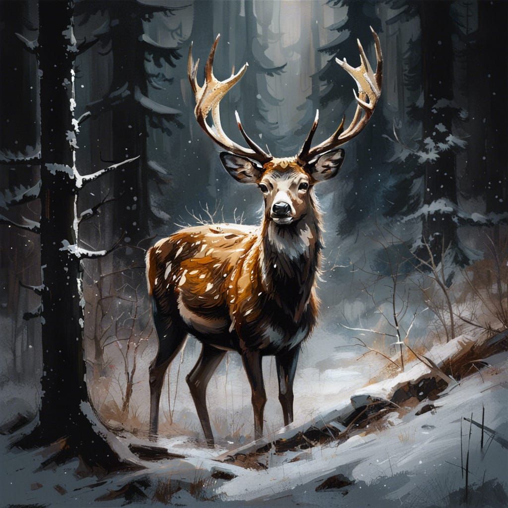 Deer in Snowy Forest as Oil Painting