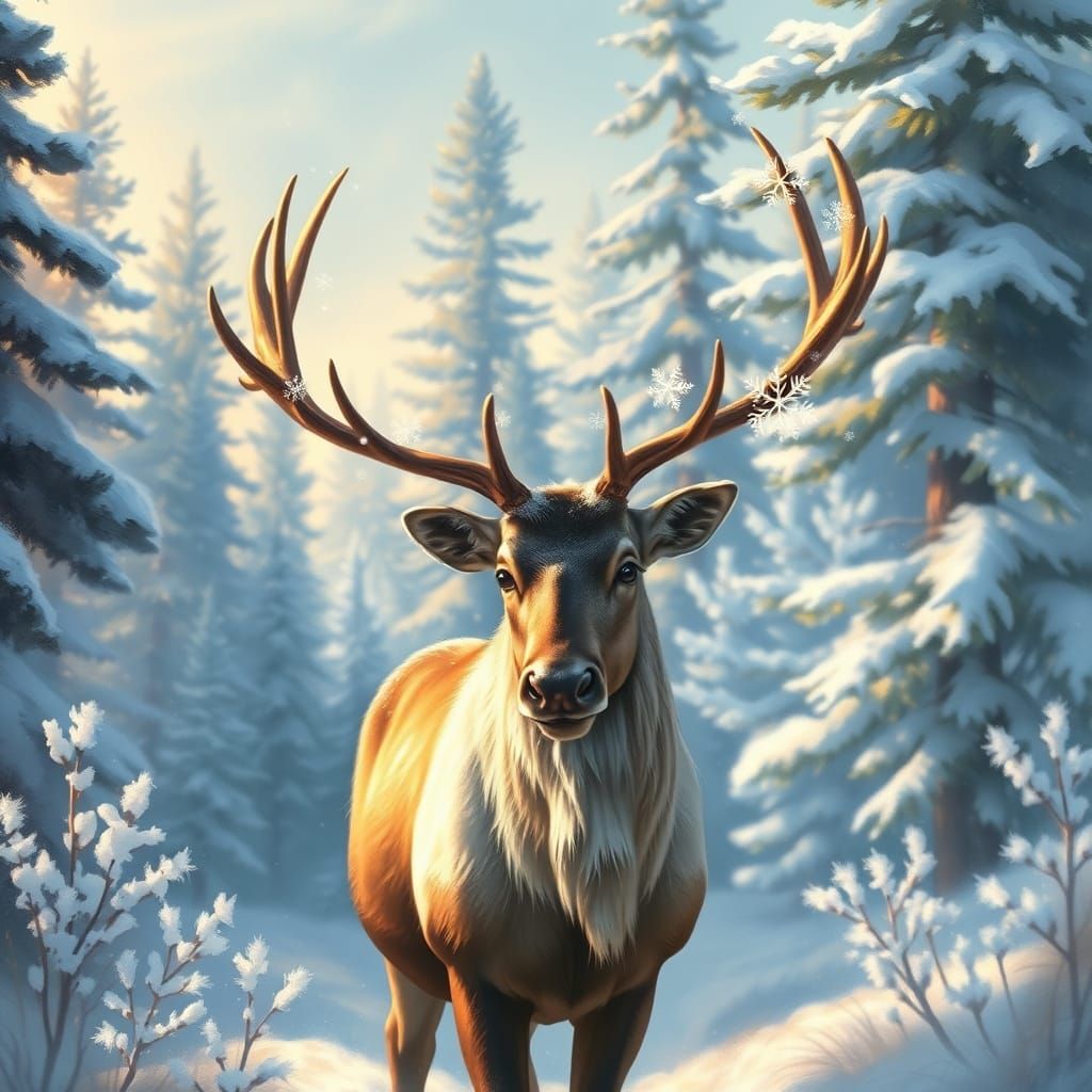 Majestic Reindeer in a Whimsical Winter Wonderland