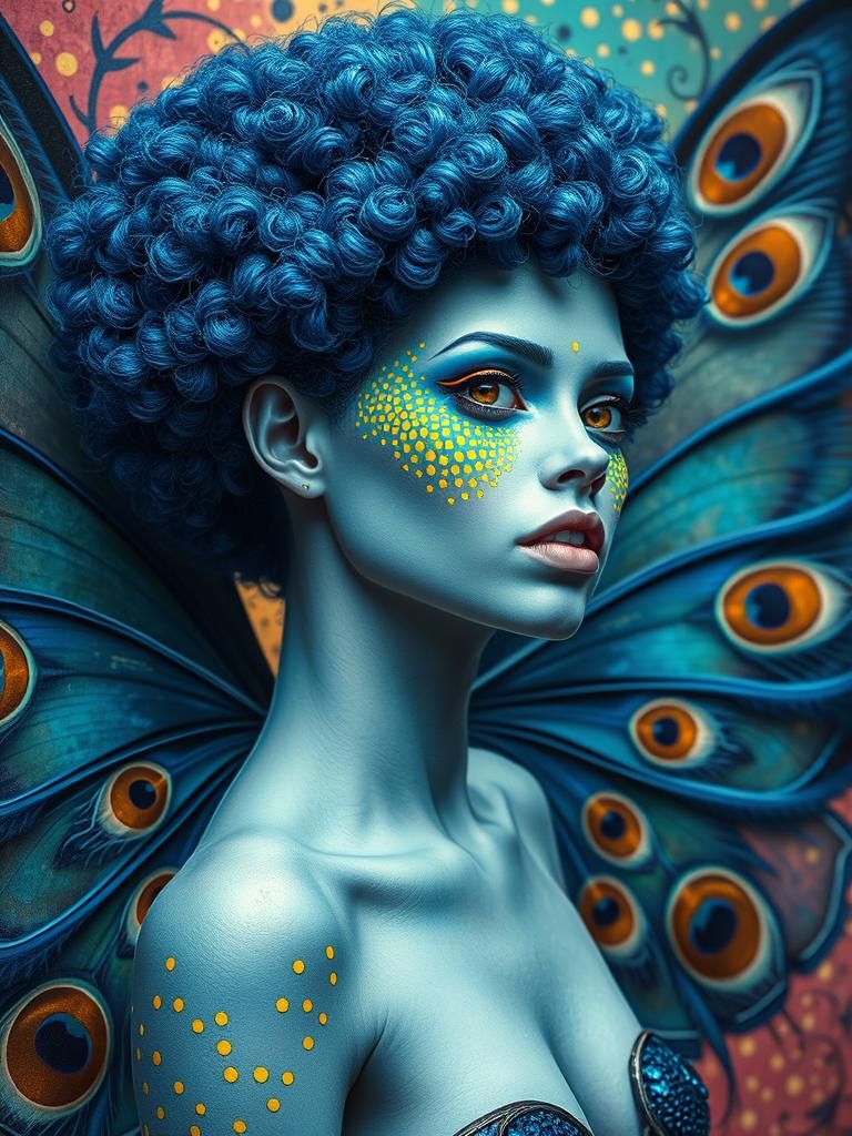 Butterfly Woman with Peacock Feathers in Dieselpunk Style