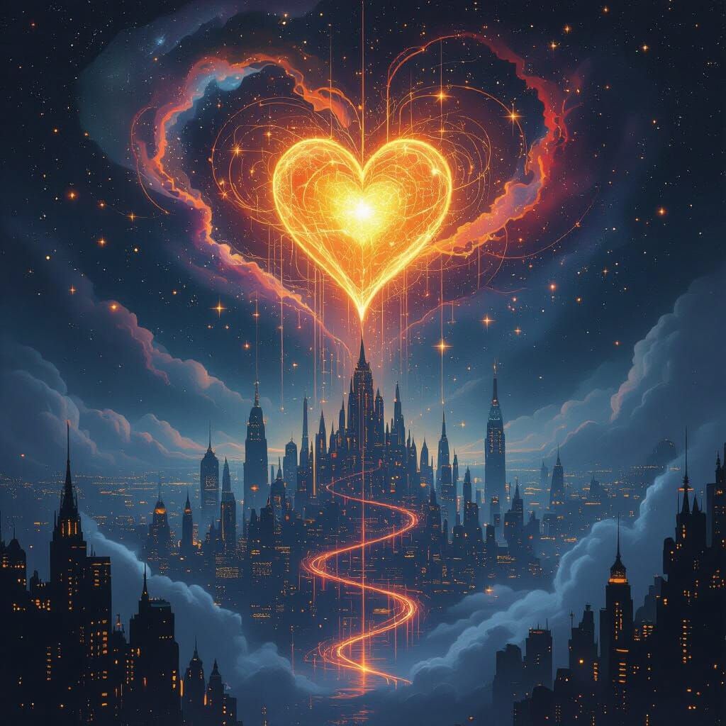 Cyberpunk Cityscape with Cosmic Heart and Flowing Energy