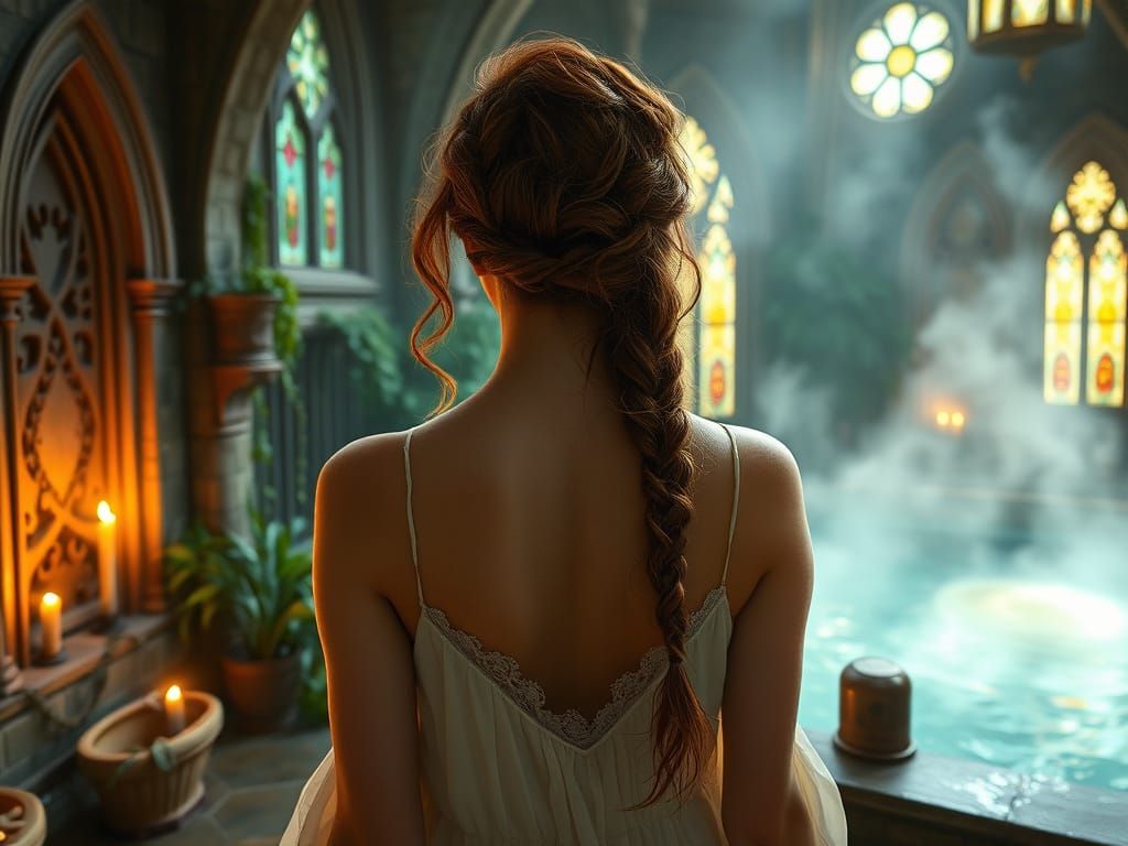 Young Woman Walks Through Enchanted Medieval Spa, Plaited Ha...