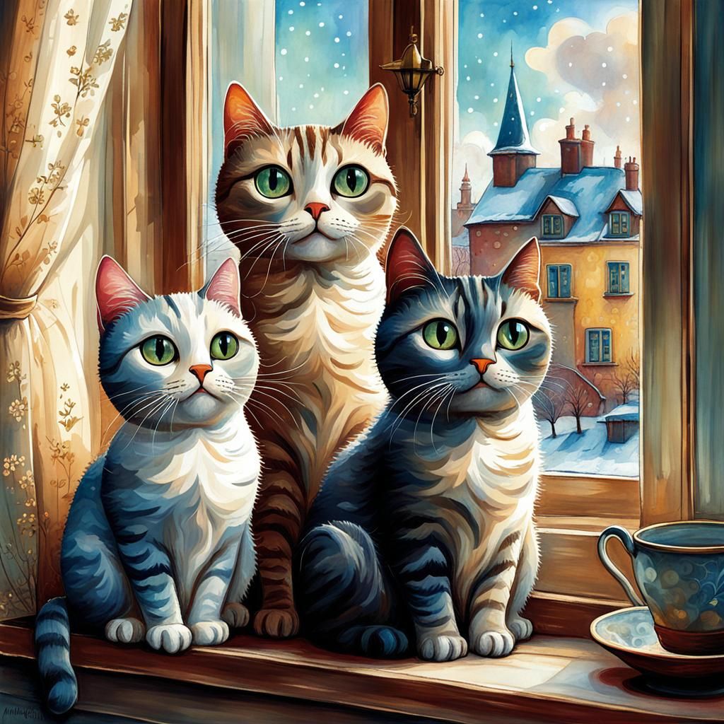 Whimsical Cats with Shiny Eyes on Windowsill