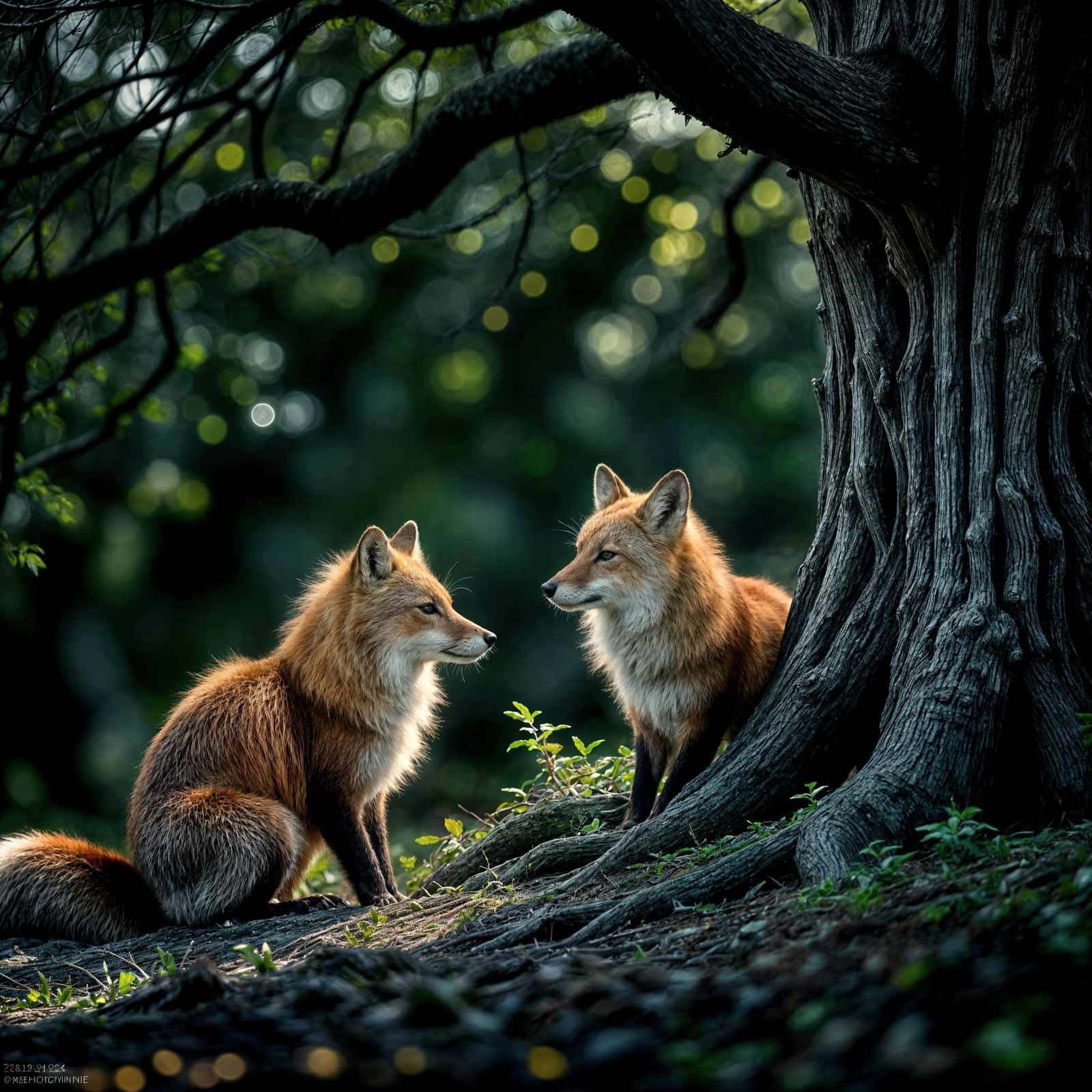 Fox and Hare Meet by Ancient Tree Root