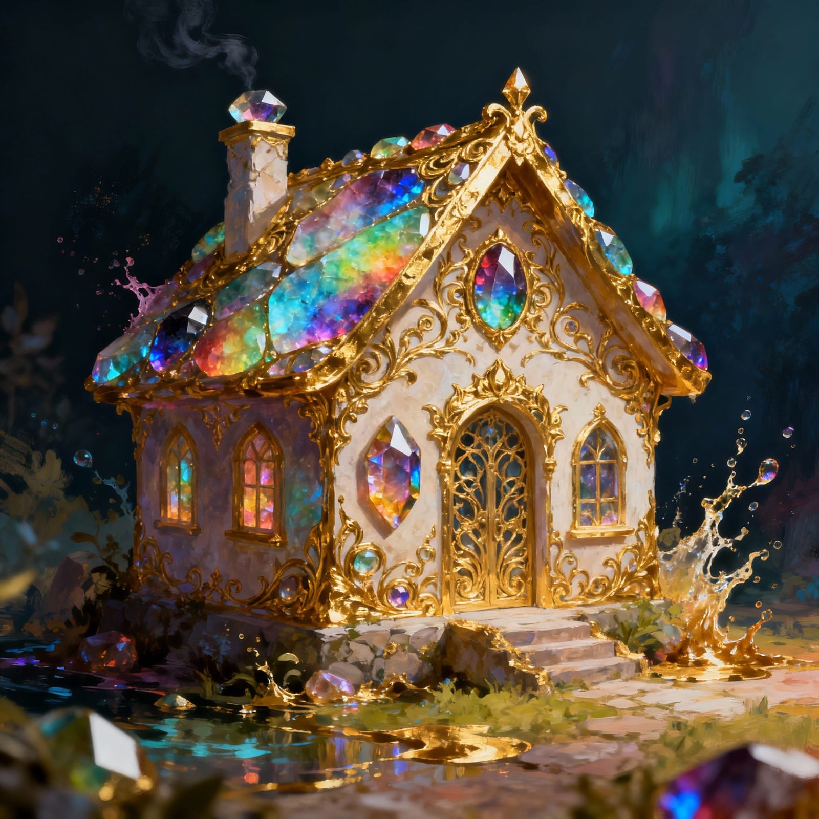 Rainbow Opal Gem House with Gold Inlay