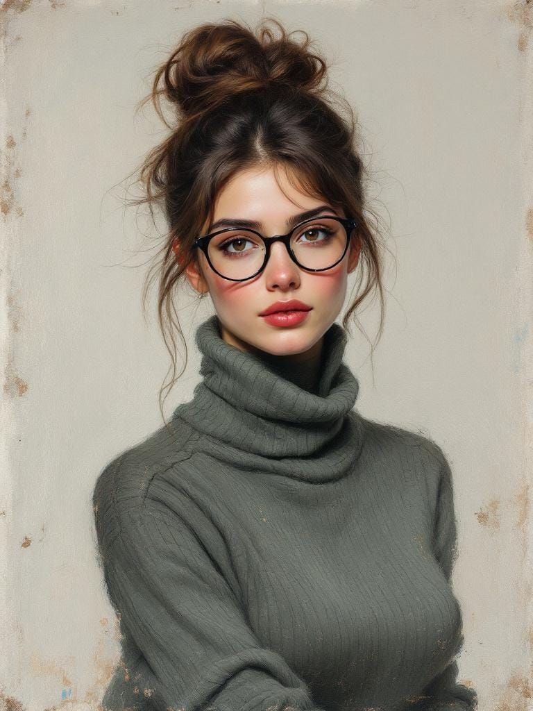 Brunette Woman with Glasses in Oil Painting Style