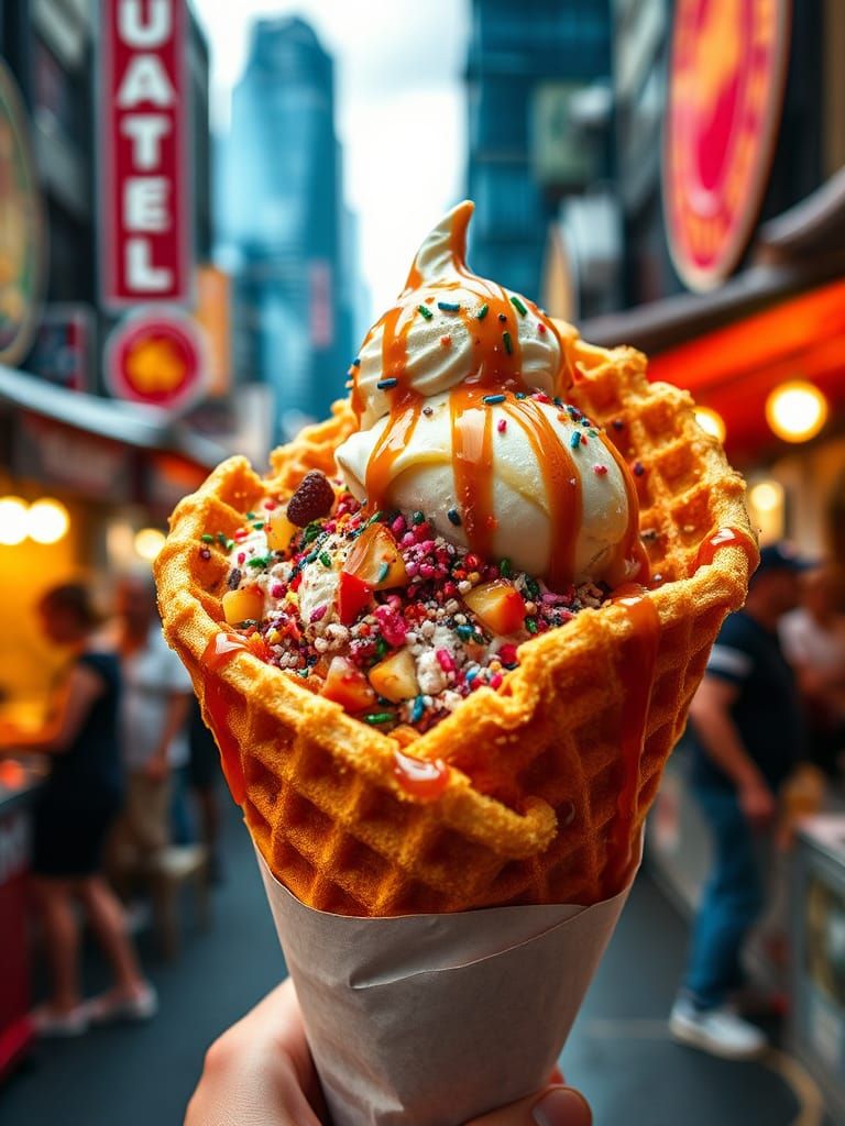 Delicious Bubble Waffle with Toppings, Photorealistic Fine A...