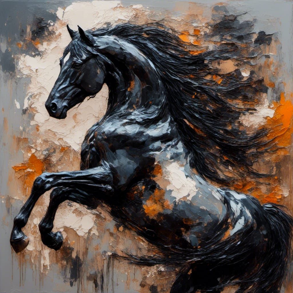 Dynamic Black Horse Oil Painting with Impasto Textures