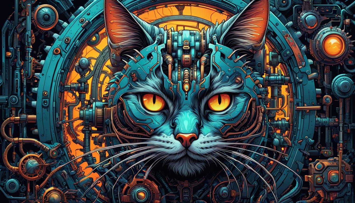 Biomechanical Cat in Comic Book Art Style