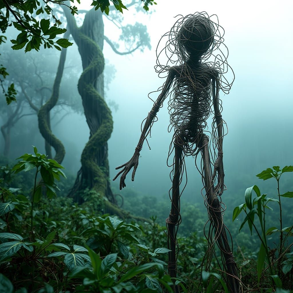 Copper Wire Humanoid in Misty Rainforest: Photoreal CGI