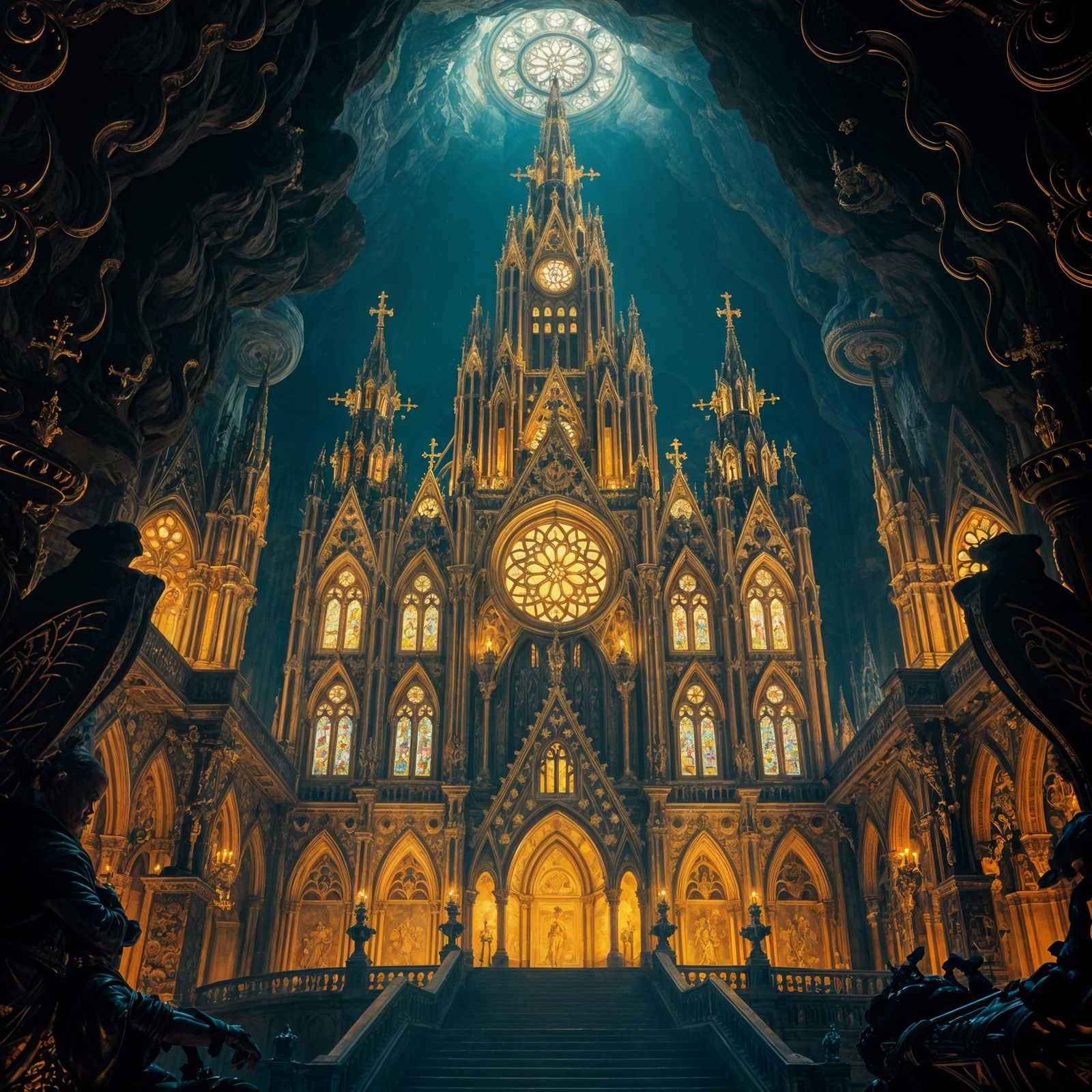 Golden Cathedral in Cavern: Dark Fantasy Concept Art