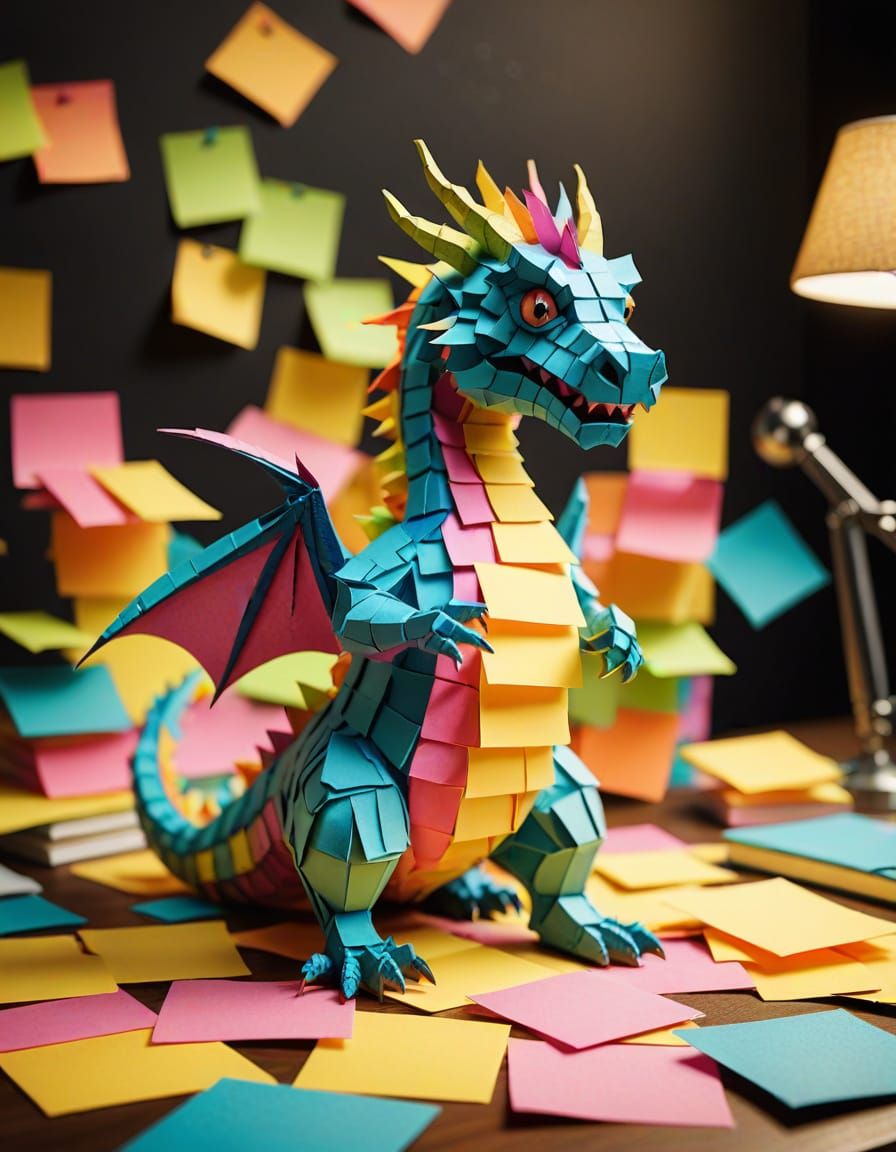 Vibrant Sticky Note Dragon 3D Rendering