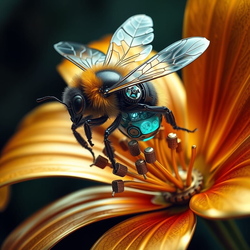 Cybernetic Bumblebee Adorns Metallic Lily in Harmony of Natu...